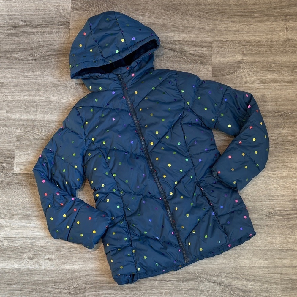 Swiss Tech girls fleece lined dark blue polkadot print winter puffer jacket